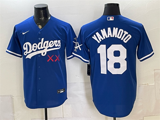 Men's Los Angeles Dodgers x KAWS #18 Yoshinobu Yamamoto Royal Vapor Premier Limited Stitched Baseball Jersey